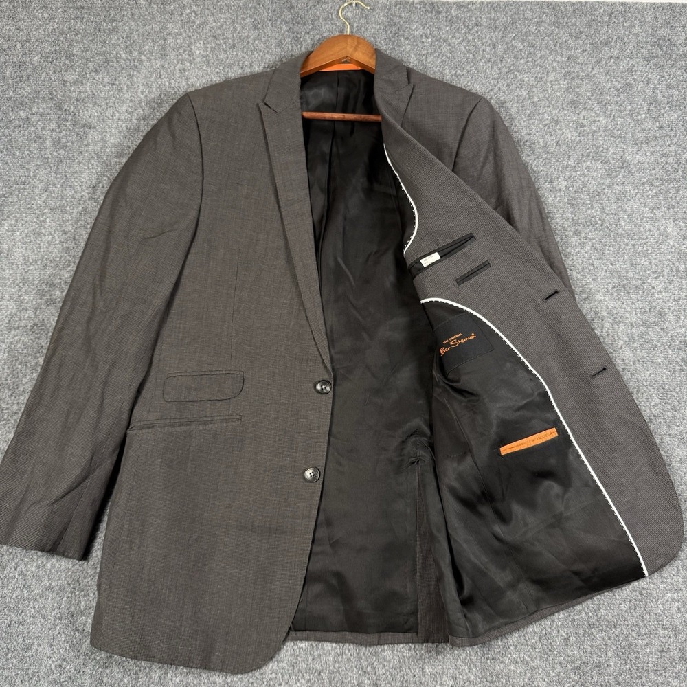 Ben Sherman Mens 40L Wool Linen Blazer Suit Jacket Brown Houndstooth Long